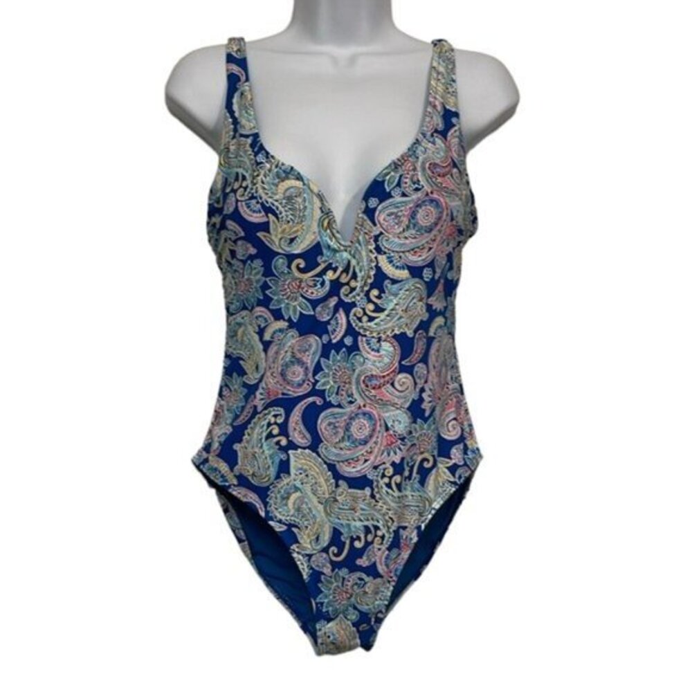 Women's Niptuck Swim Multi Fit Cup Blue Paisley Swimsuit Size 8 EUC #1607